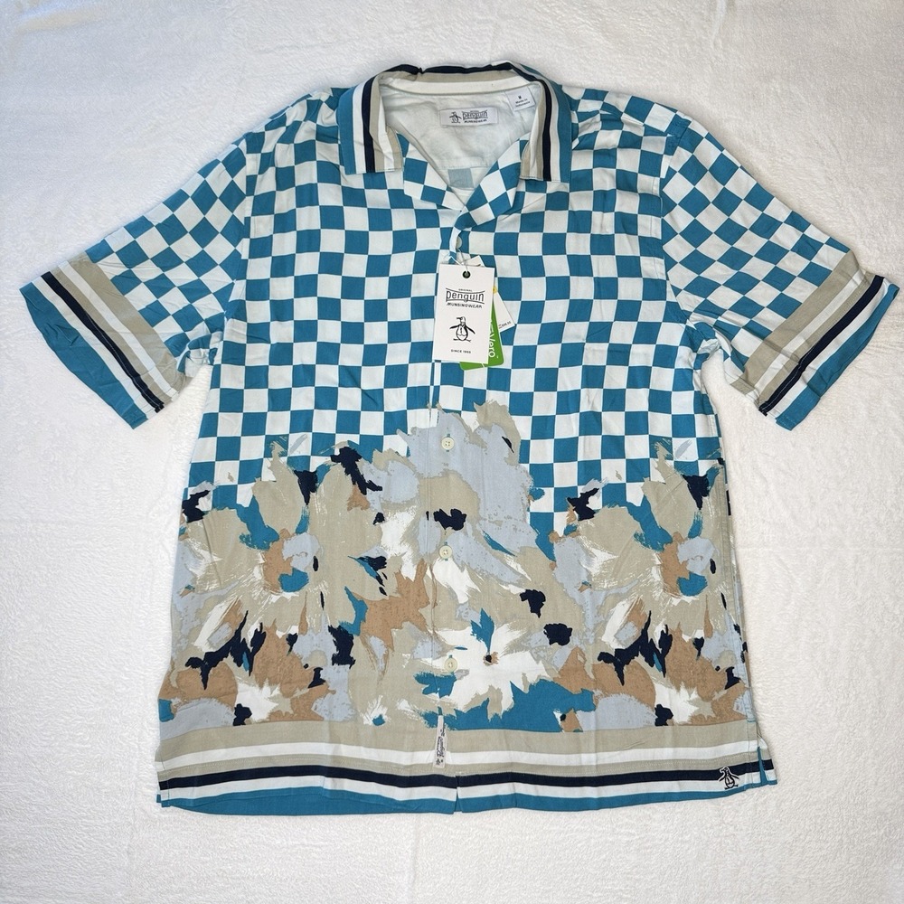 Original Penguin Munsingwear Camp Shirt Blue Check Floral Resort Rayon NWT M